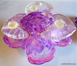 Pair Lotus Flower Candle Holders Purple Pink Pate de Verre Daum Style 