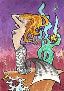 Silver Mermaid Pin Up Fantasy Ocean Flirt Original Art ACEO 