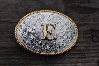 Belt Buckle Initial E Silver and Gold Plate Aminco