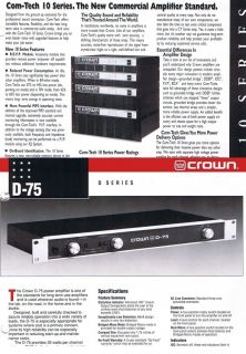   Crown D 75 com Tech 10 Series Amplifiers Specs Performance Data