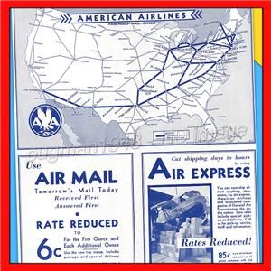American Airlines 1934 Airline Timetable Schedule Tri Motors Bi Planes 