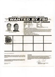 ORIGINAL ANDREW CUNANAN FBI WANTED POSTER GIANNI VERSACE KILLER VERY 