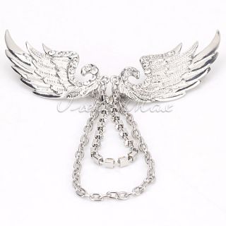 Mens Womens Crystal Two Angel Wing Pin Link Chain Brooch Pendant 