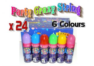 24 x Party Crazy String Bulk Lot 6 Colours Silly String Party Favour 