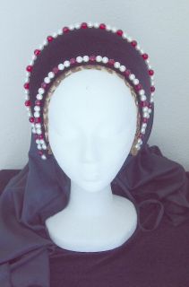 Anne Bolyen Red Tudor Renaissance French Hood Headpiece Hat 4 Dress 