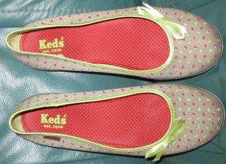 Cute Keds Ballet Flats Gray with green trim Apple pattern in red green 