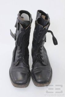 Ann DEMEULEMEESTER Black Leather Lace Up Buckle Flat Boots Size 39 