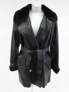 Maxmillian Anne Klen Black Leather Fur Trim Long Sleeve Belted Waist 