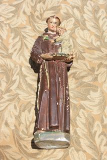 Antique Religious Monk Statue St Anthony and Child w Flowers Chalkware 