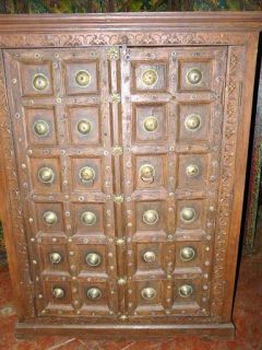Old Door Brass Accent Carved TV Cabinet Antique Armoire India