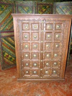 Old Door Brass Accent Carved TV Cabinet Antique Armoire India