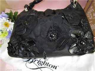 Brighton Anthea Hobo Italian Leather Flower Handbag Purse $425 Black 