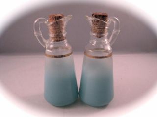 Vintage Anchor Hocking Aqua Blue Frosted Glass Oil & Vinegar Cruet Set 