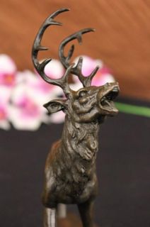 Signed Antoine Barye Male Deer Elk Bronze Marble Sculpture Caribou 