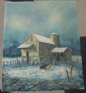 Antique Painting Barn Silo in Winter Circa 1920s by William Newport 