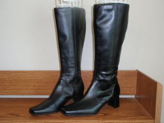 Womens Ann Marino Square Toe knee High Heel Black Leather Boots Shoes 