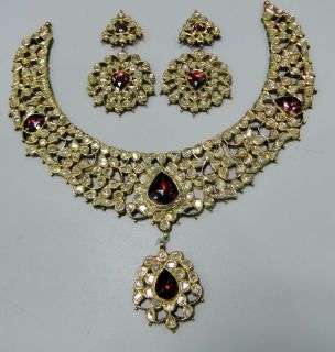 Vintage Diamond 20ct Gold Kundan Meena Necklace Choker w Earrings 