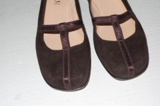 ANYI LU brown suede & PYTHON trim low WEDGE ribbon T STRAP shoes sz 39 