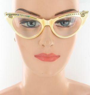 Vintage Cat Eye Glasses Eyeglasses AB Rhinestones Cream Marbilized 