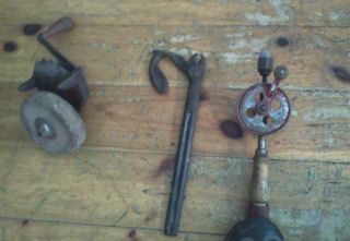 Lot of 3 Antique hand tools hand crank bench grinder drill pliers