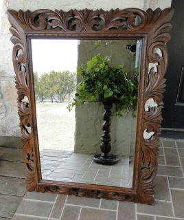 Antique Mantel Mirror Carved Oak Pierced Frame Large O L D Beveled 