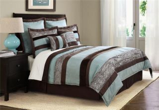 Aqua Blue Chocolate Stripes Suede 8PC Queen Comforter Bedding Set Bed 