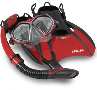 Aqua Lung Trek Fin Mask Dry Snorkel Set with Snorkeling Gear Bag Red 