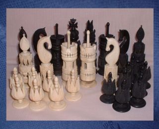 Antique Carved Cow Bone Pulpit Type Chess Set Incomplete