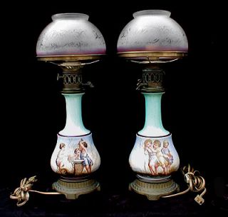 Pair Antique Victorian HP Porcelain EtchedShades Table Oil Lamps