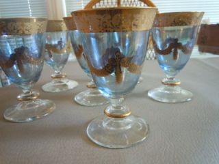 Vintage Blue Tinted Wine Glasses w/ Gold Trim UNUSED