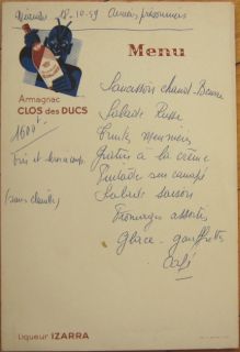 1959 French Ad Menu Armagnac Clos Des Ducs w Blue Devil