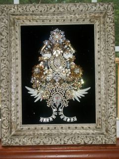   Rhinestone Jewelry Christmas Tree Framed Art Antique Frame