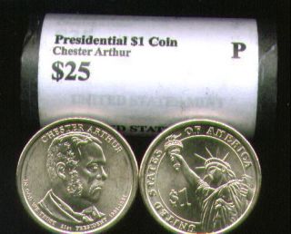 Head Tail 2012 P Mint Chester Arthur Presidential $25 Dollar Roll Free 