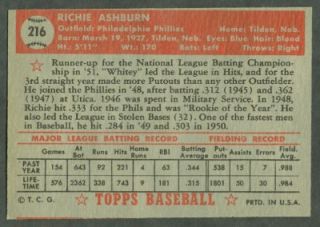 Uncreased 1952 Topps Baseball 216 Richie Ashburn Solid
