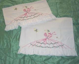 Vintage Ruffled Southern Belle & Butterfly Hand Embroidered Cottage 