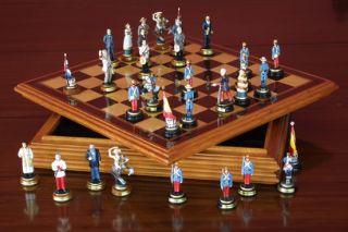 Cuban Spain Military Figural Chess Set Hand Painted Peruvian Mahogany 
