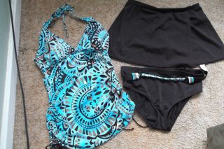 Teal Brown Croft Borrow Tankini Swimsuit Bathing Suit 3 Pcs Size 12 14 