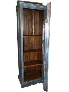 Antique Cabinet Armoire Blue Patina Brass Accent Hand Carved India 