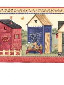 Wallpaper Border Country Out House Outhouse Blue Red