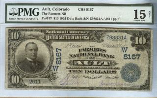 1902 $10 The Farmers NB Ault Colorado Fr 617 PMG Fine 15 Charter 8167 