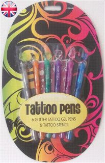 Glitter Tattoo Gel Pens Body Art with Sticky Stencils 6 Colours in A 