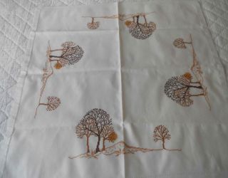   c1950s Emroidered Linen Table Cloth Autumn Fall Colours Trees