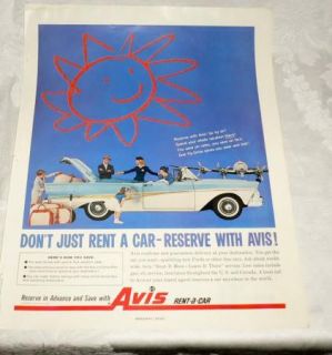 1958 FORD FAIRLANE AD, AVIS RENT A CAR VINTAGE SMILEY FACE RETRO WALL 