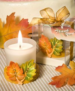 25 AUTUMN/FALL Theme Candle WEDDING FAVORS Decorated w/ Leaves Votives 