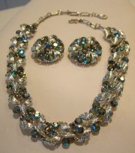 Vtg Lisner Aurora Borealis AB Leaf Necklace Earring Set