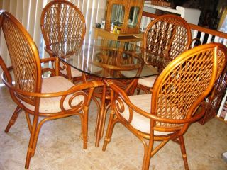 ASIAN RATTAN BAMBOO WOOD DINING SET WICKER CHAIRS TABLE DINETTE CANE 
