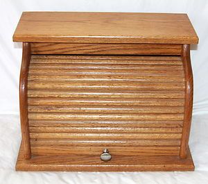 Large Solid Wooden Oak Kitchen Roll Top Bread Box Nice