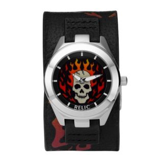Relic Black Leather Fire Skull Digital Animation Dial Mens Watch 