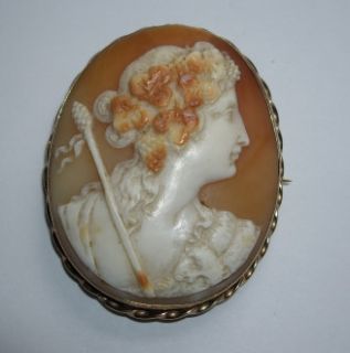 Vintage 9ct Gold Carved Shell Cameo Dionysus Bacchus