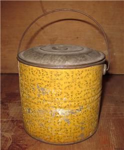 Excellent Antique Tin Lidded Lunch Pail in Yellow Litho